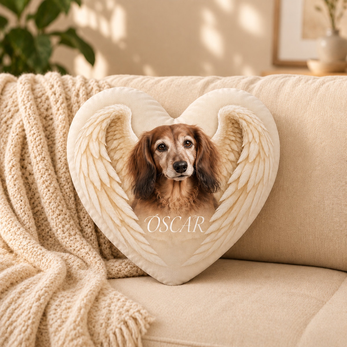 Held in Angel Wings — Personalized Pet Shaped Pillow — supplied front design example