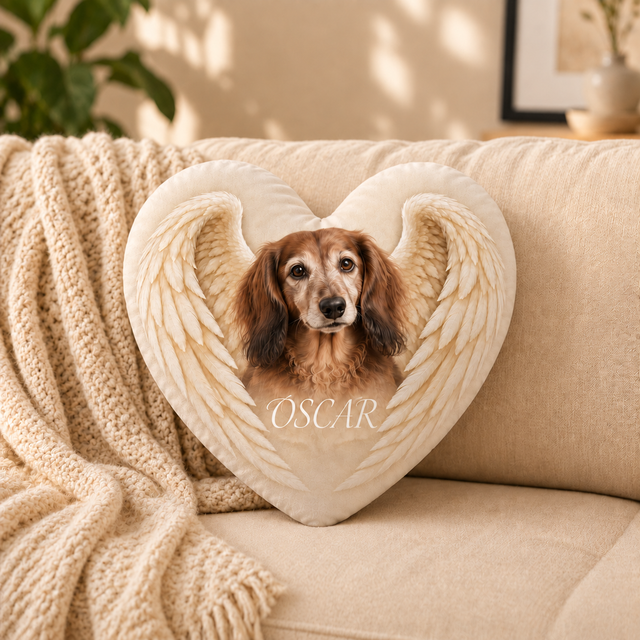 Held in Angel Wings — Personalized Pet Shaped Pillow — supplied front design example