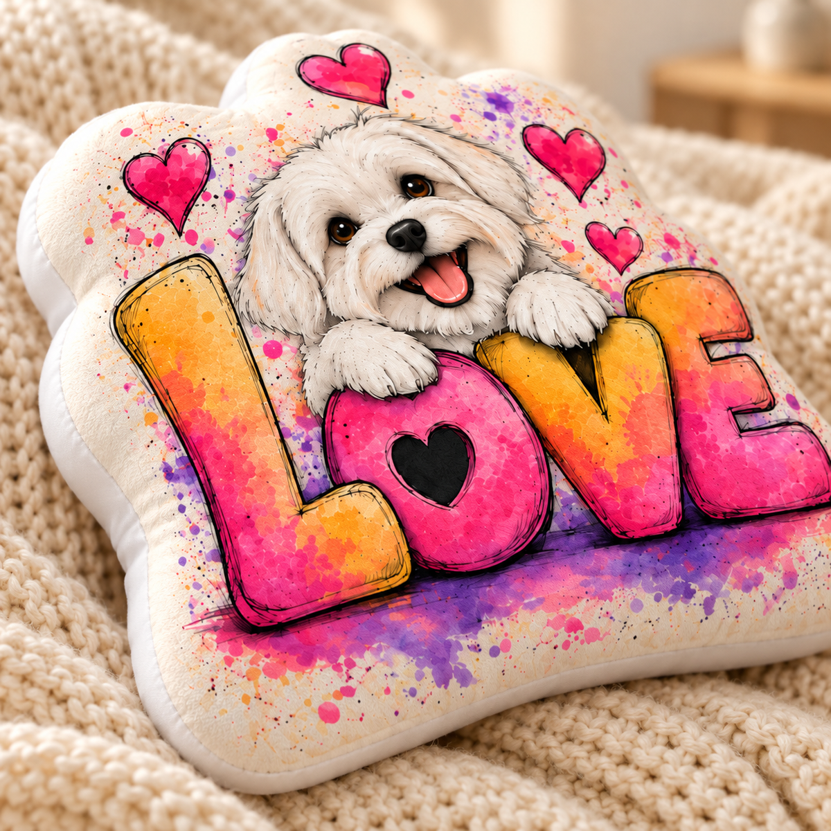 Love in Full Color — Personalized Pet Shaped Pillow — close-up of printed design and soft cushion edge