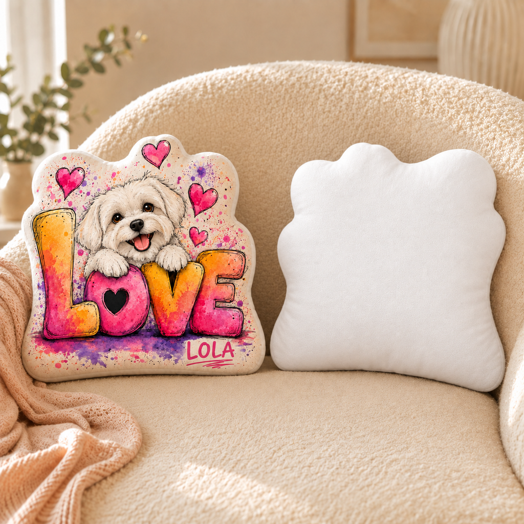 Love in Full Color — Personalized Pet Shaped Pillow — front design example and plain white reverse; two views of one pillow