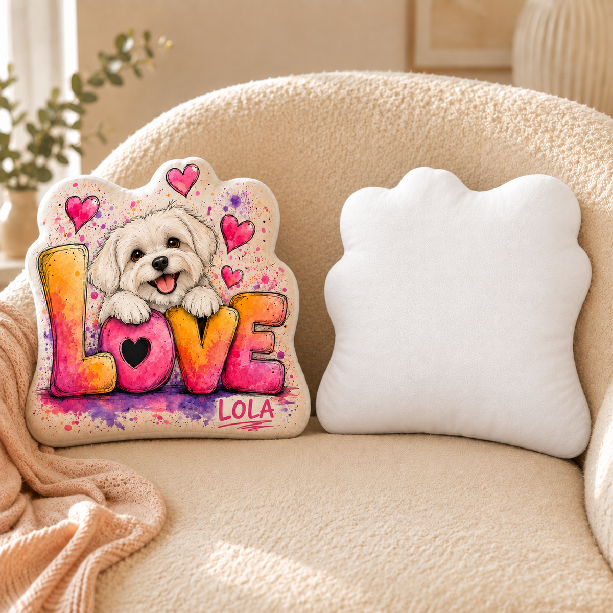 Love in Full Color — Personalized Pet Shaped Pillow — front design example and plain white reverse; two views of one pillow