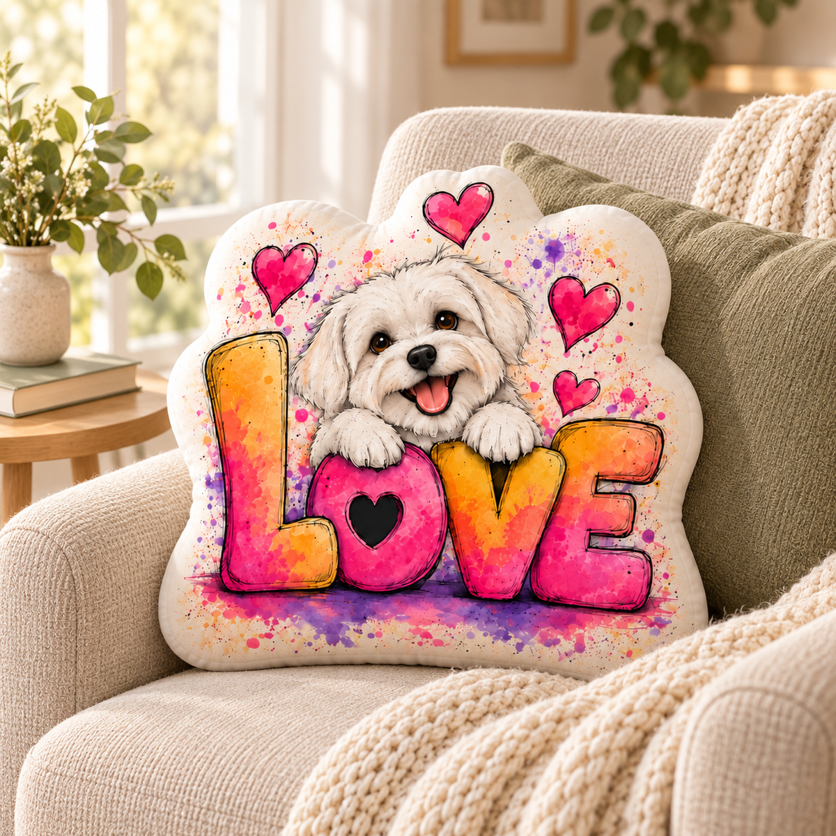 Love in Full Color — Personalized Pet Shaped Pillow — personalized pillow in a cozy reading nook