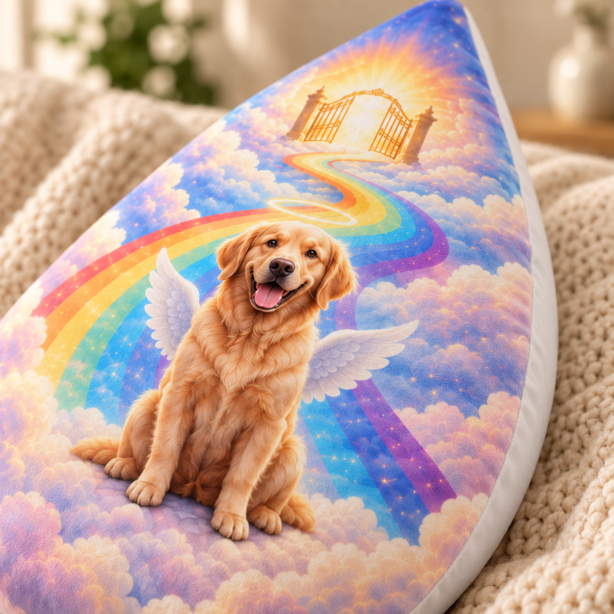Rainbow Bridge Tears — Personalized Pet Shaped Pillow — close-up of printed design and soft cushion edge