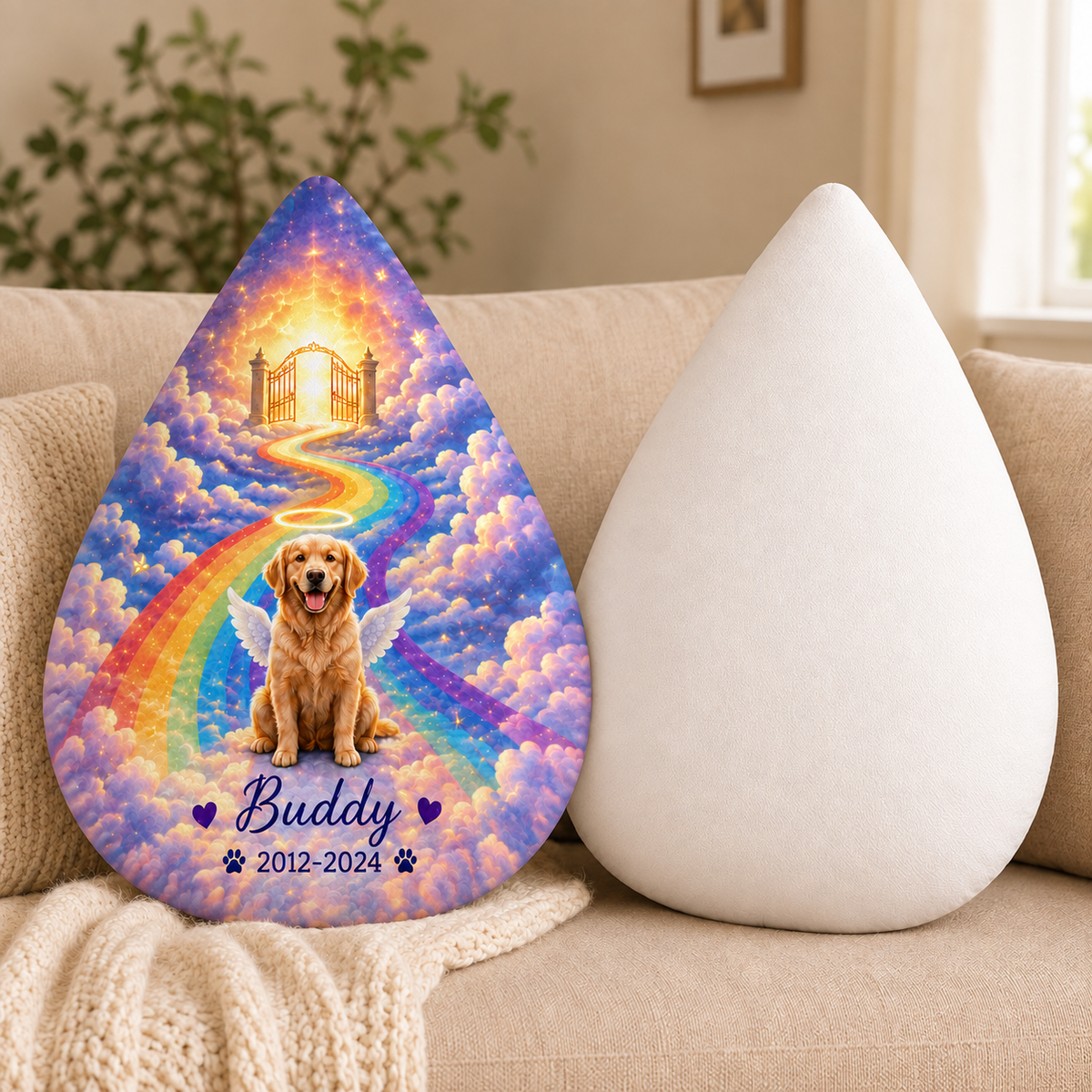 Rainbow Bridge Tears — Personalized Pet Shaped Pillow — front design example and plain white reverse; two views of one pillow