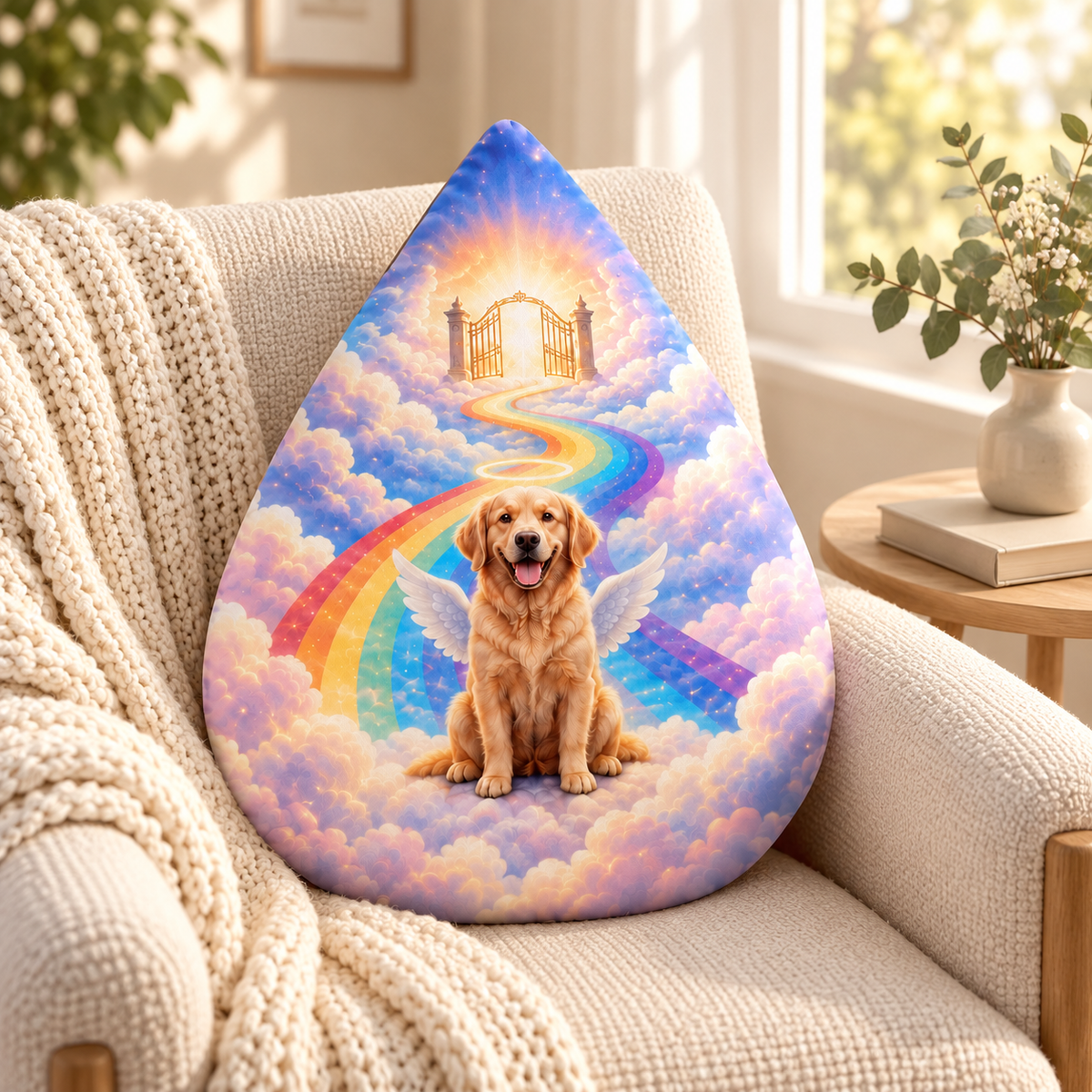 Rainbow Bridge Tears — Personalized Pet Shaped Pillow — personalized pillow in a cozy reading nook