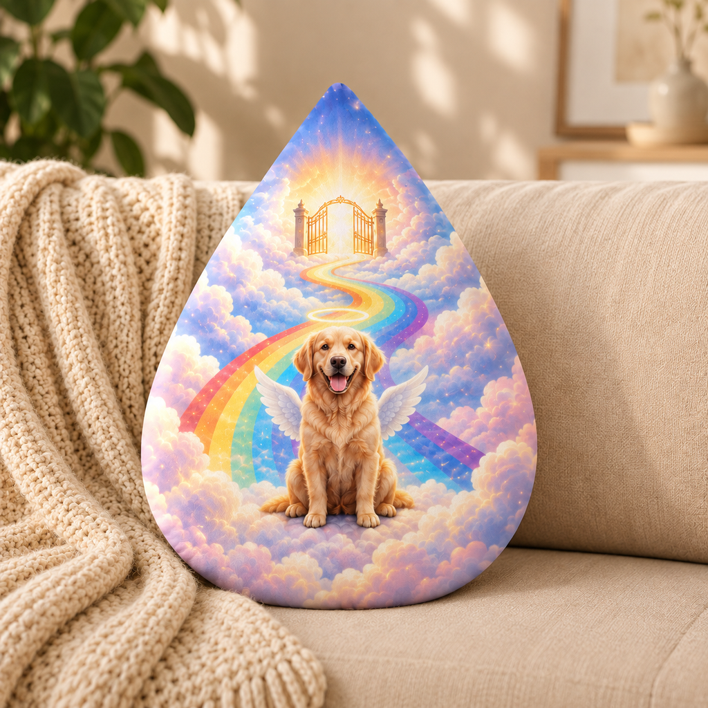 Rainbow Bridge Tears — Personalized Pet Shaped Pillow — supplied front design example