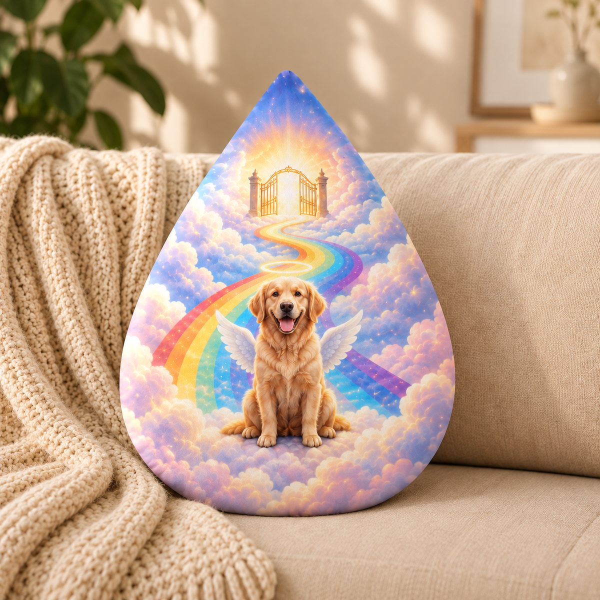 Rainbow Bridge Tears — Personalized Pet Shaped Pillow — supplied front design example