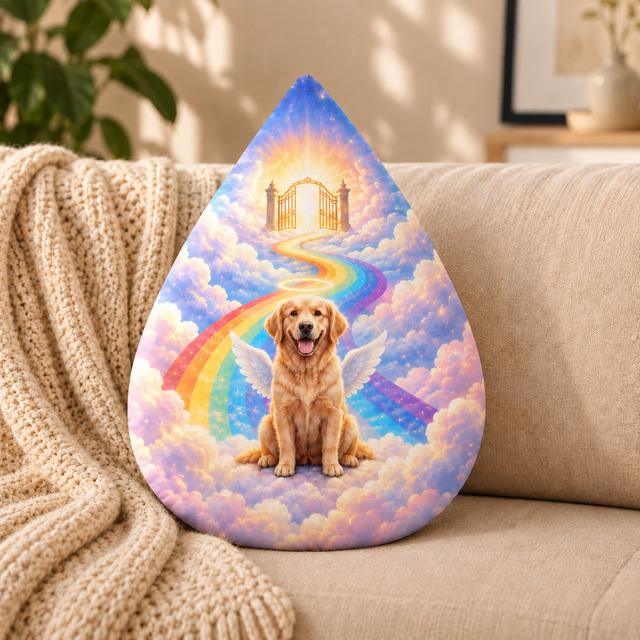 Rainbow Bridge Tears — Personalized Pet Shaped Pillow — supplied front design example