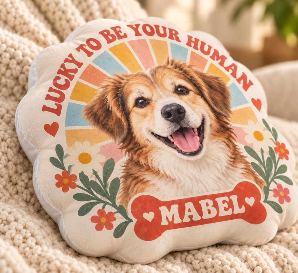 Lucky to Be Your Human — Personalized Pet Shaped Pillow — close-up of printed design and soft cushion edge