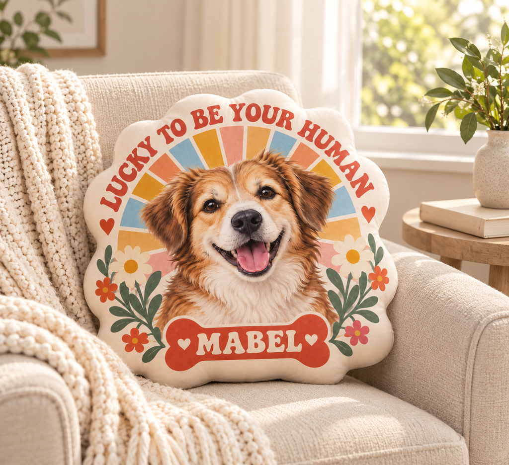 Lucky to Be Your Human — Personalized Pet Shaped Pillow — personalized pillow in a cozy reading nook