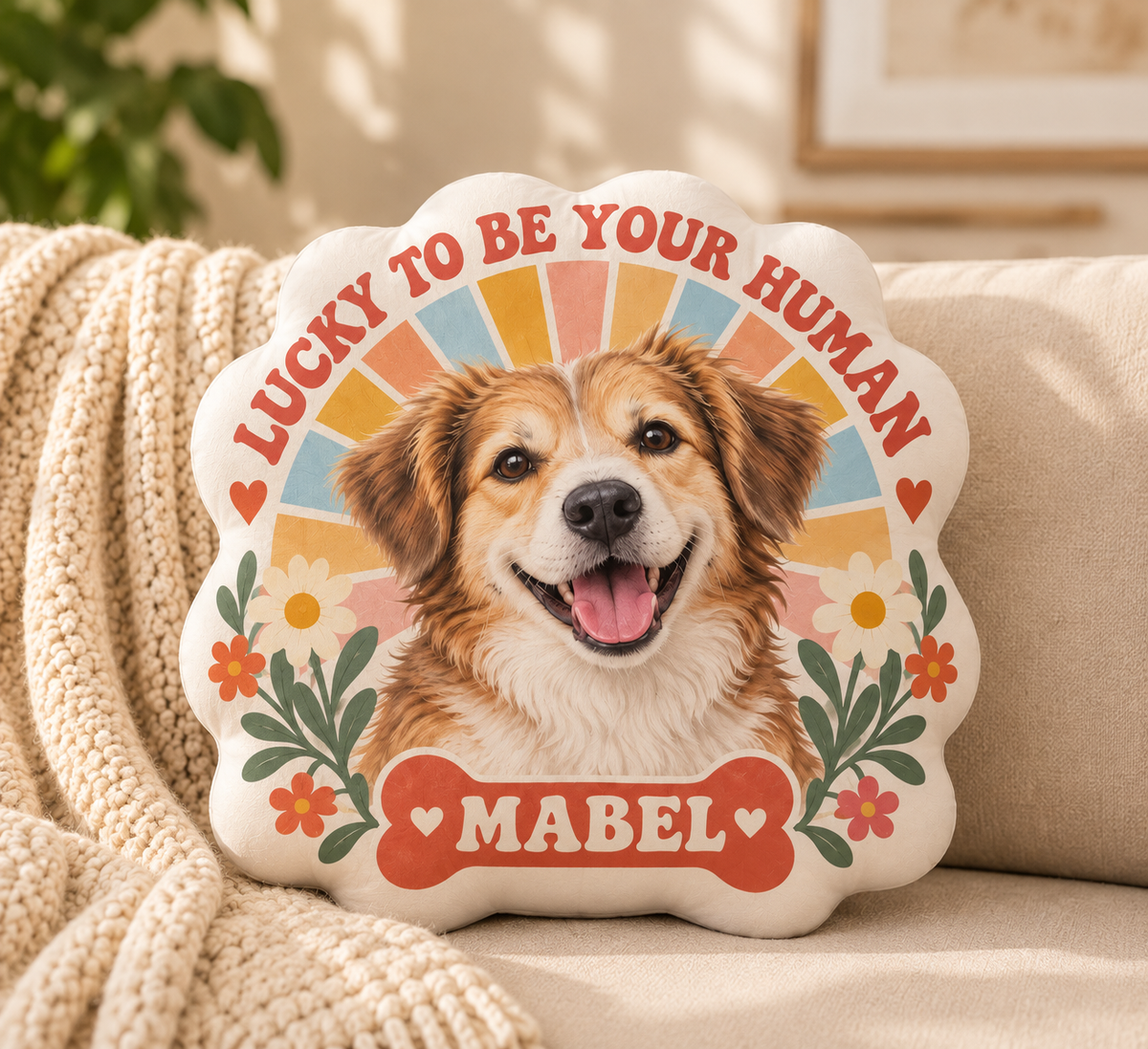 Lucky to Be Your Human — Personalized Pet Shaped Pillow — supplied front design example