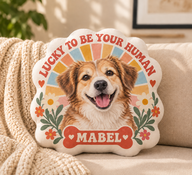 Lucky to Be Your Human — Personalized Pet Shaped Pillow — supplied front design example