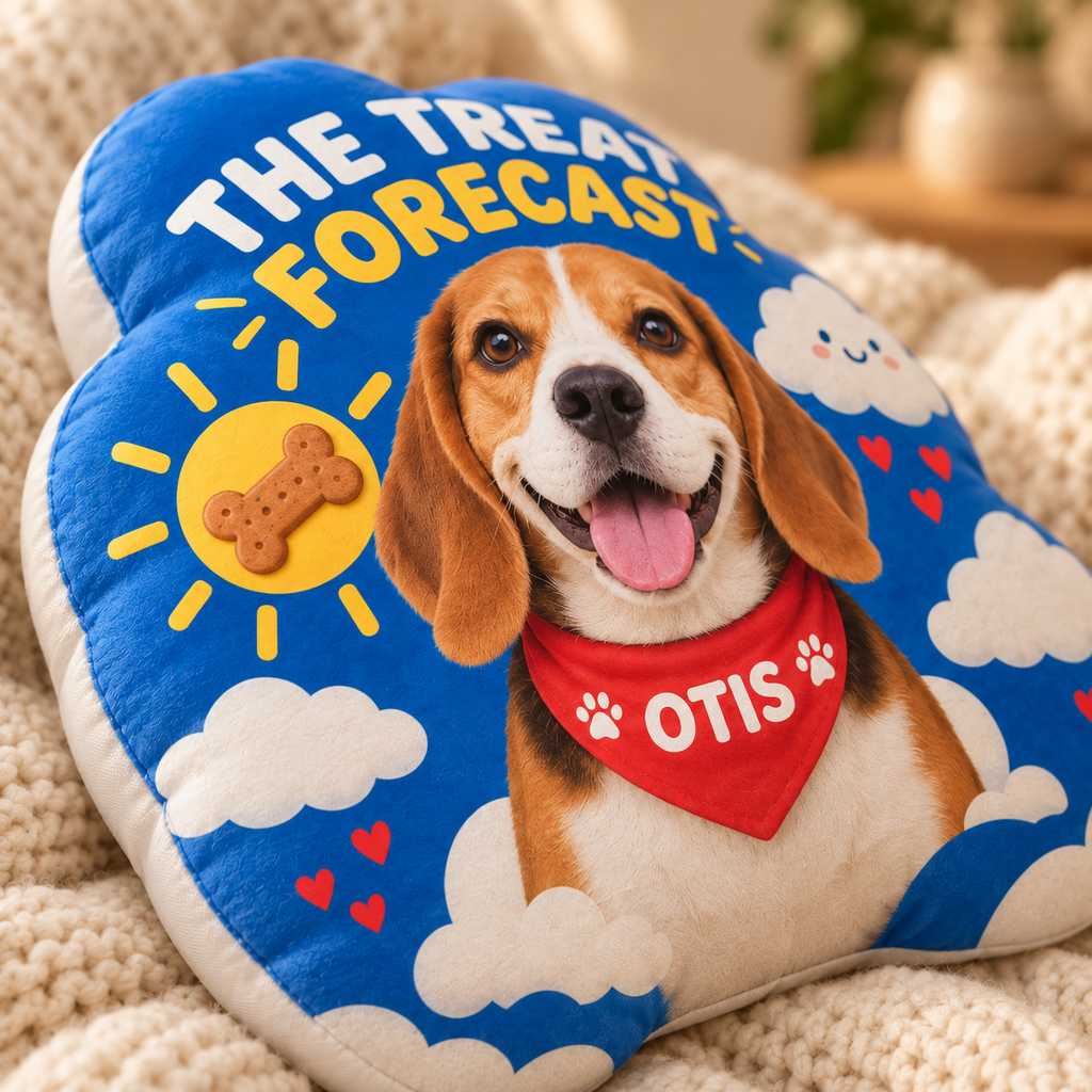 The Treat Forecast — Personalized Pet Shaped Pillow — close-up of printed design and soft cushion edge