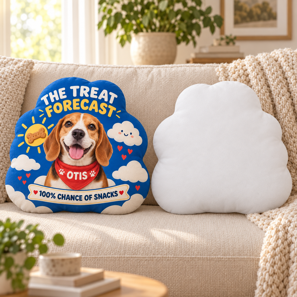 The Treat Forecast — Personalized Pet Shaped Pillow — front design example and plain white reverse; two views of one pillow
