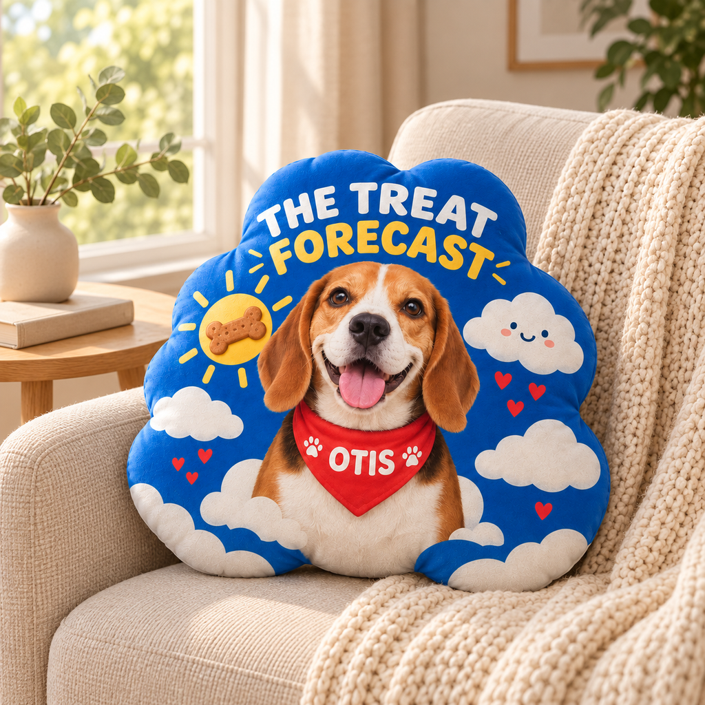 The Treat Forecast — Personalized Pet Shaped Pillow — personalized pillow in a cozy reading nook