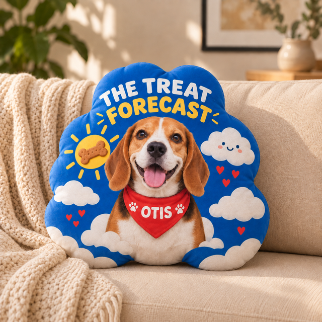 The Treat Forecast — Personalized Pet Shaped Pillow — supplied front design example
