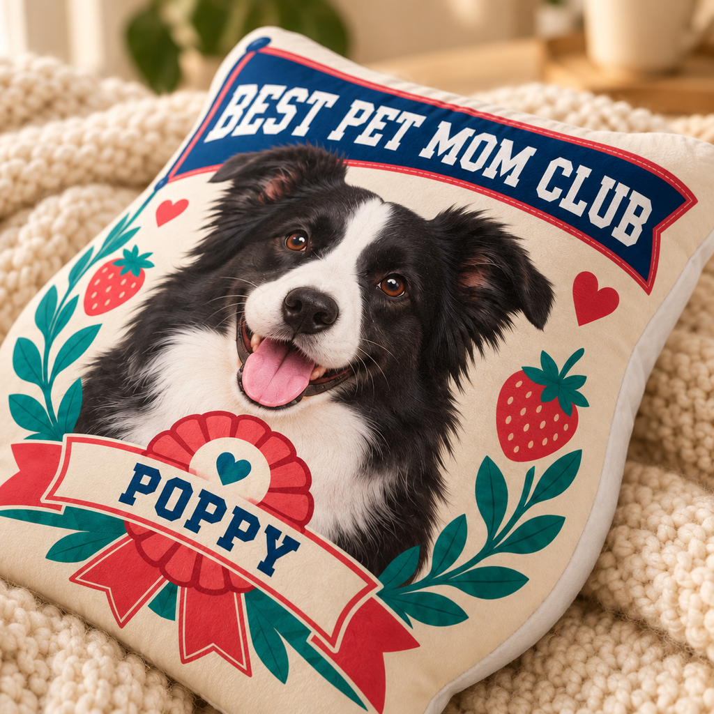 Best Pet Mom Club — Personalized Pet Shaped Pillow — close-up of printed design and soft cushion edge