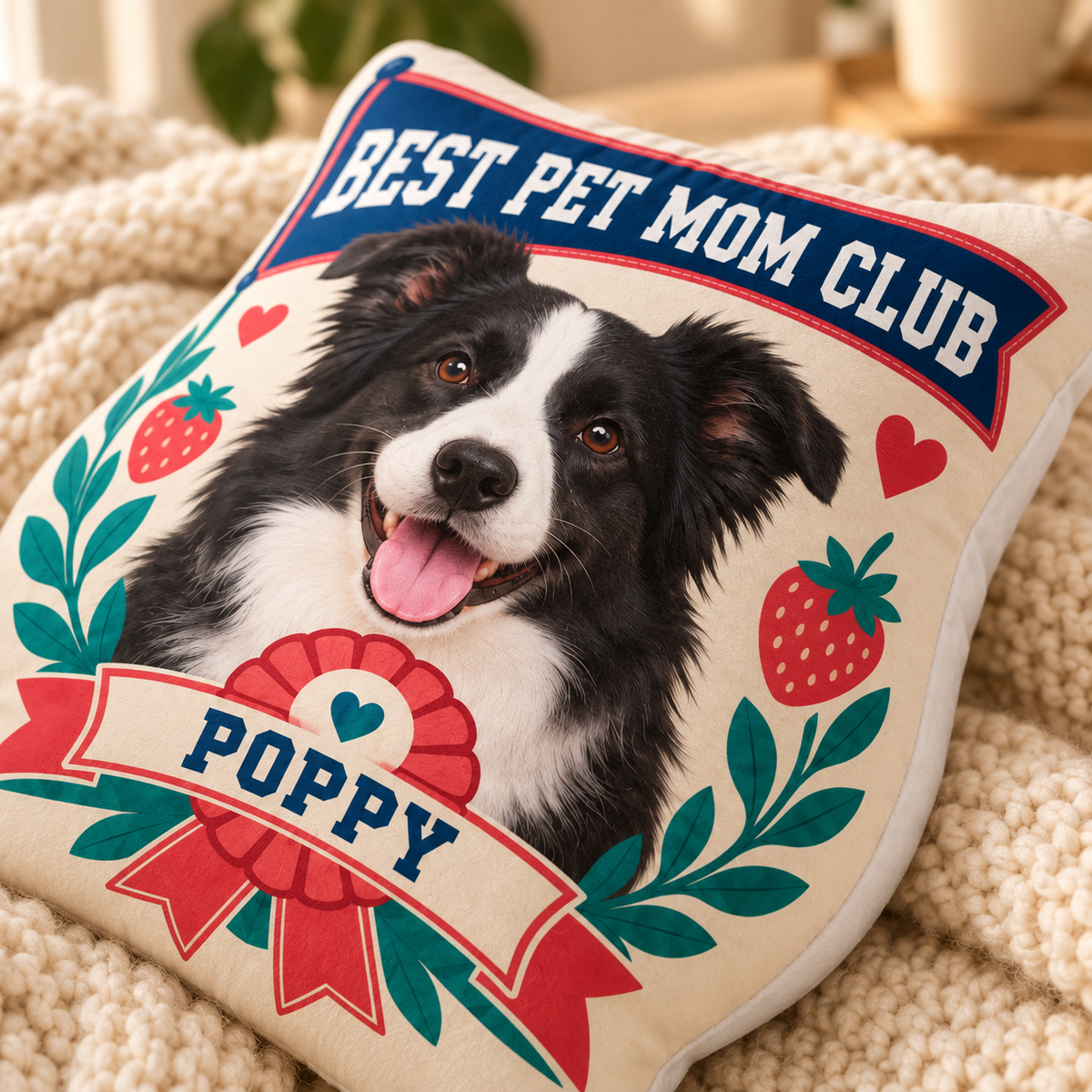Best Pet Mom Club — Personalized Pet Shaped Pillow — close-up of printed design and soft cushion edge