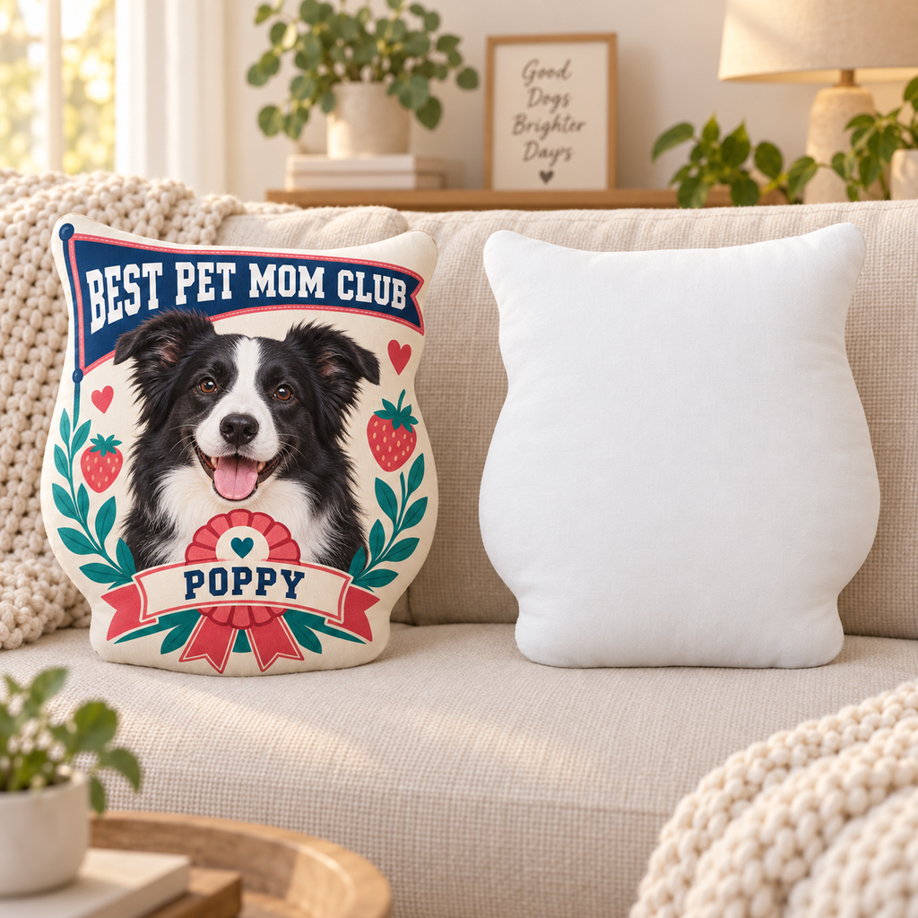 Best Pet Mom Club — Personalized Pet Shaped Pillow — front design example and plain white reverse; two views of one pillow