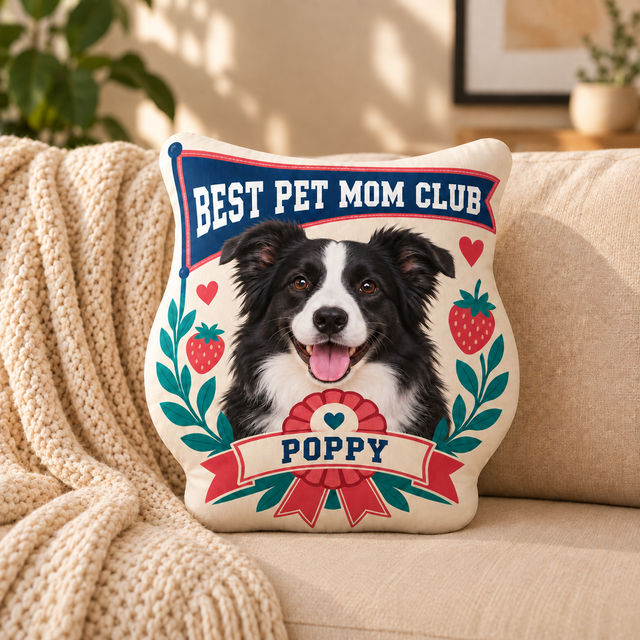 Best Pet Mom Club — Personalized Pet Shaped Pillow — supplied front design example