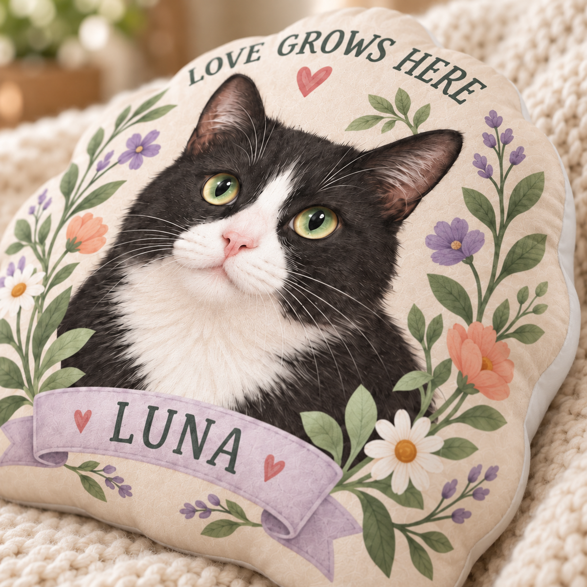 Love Grows Here — Personalized Pet Shaped Pillow — close-up of printed design and soft cushion edge
