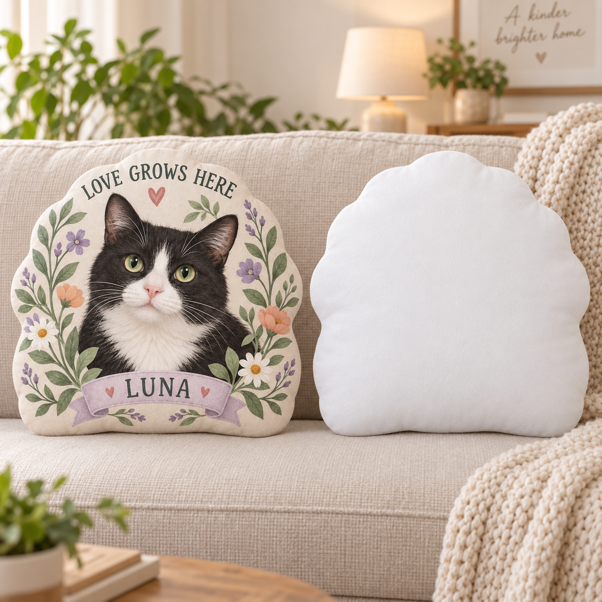 Love Grows Here — Personalized Pet Shaped Pillow — front design example and plain white reverse; two views of one pillow