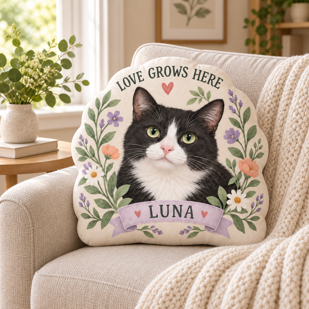 Love Grows Here — Personalized Pet Shaped Pillow — personalized pillow in a cozy reading nook