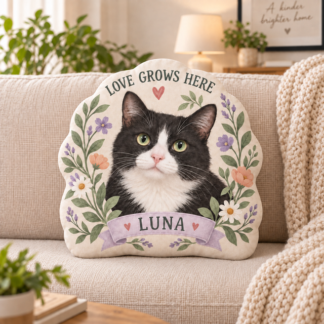 Love Grows Here — Personalized Pet Shaped Pillow — supplied front design example