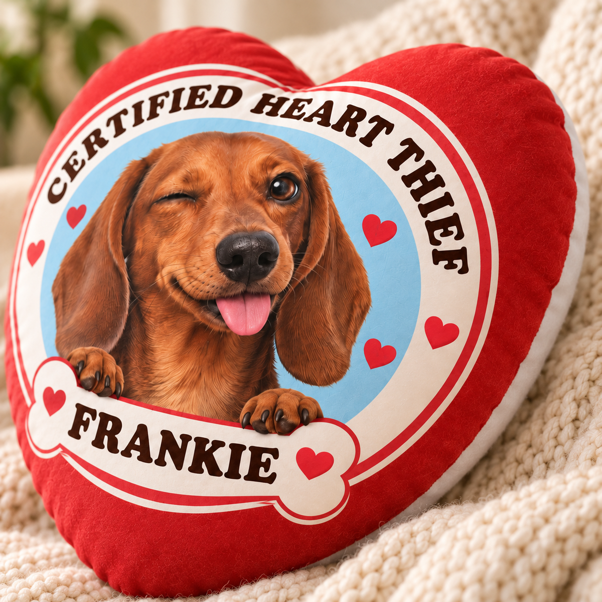 Certified Heart Thief — Personalized Pet Shaped Pillow — close-up of printed design and soft cushion edge