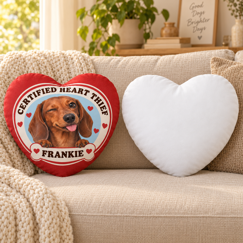 Certified Heart Thief — Personalized Pet Shaped Pillow — front design example and plain white reverse; two views of one pillow
