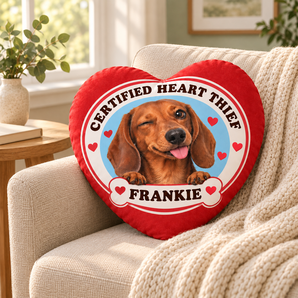 Certified Heart Thief — Personalized Pet Shaped Pillow — personalized pillow in a cozy reading nook