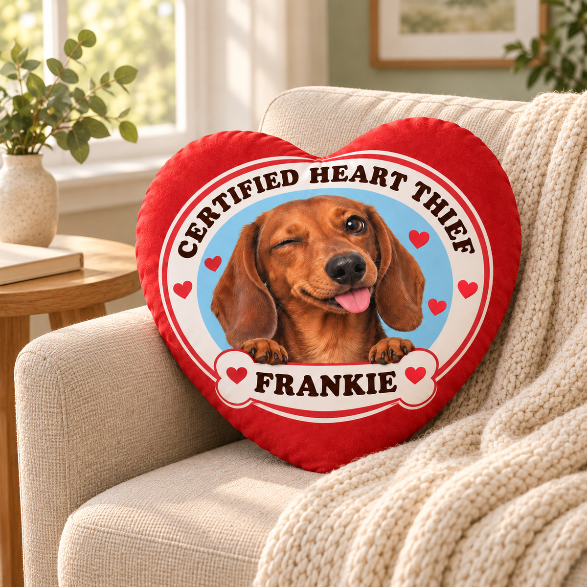 Certified Heart Thief — Personalized Pet Shaped Pillow — personalized pillow in a cozy reading nook
