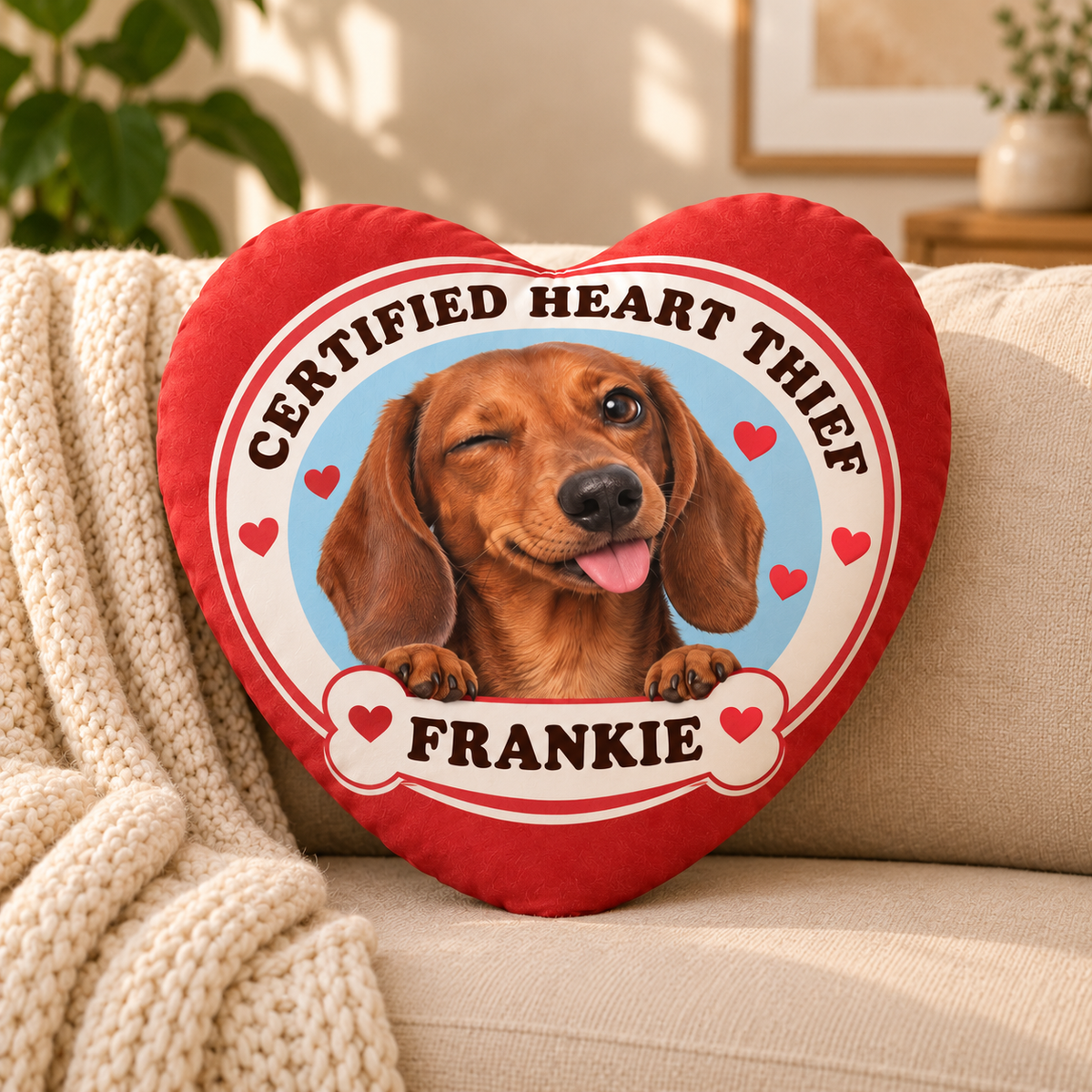 Certified Heart Thief — Personalized Pet Shaped Pillow — supplied front design example