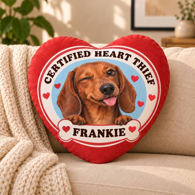 Certified Heart Thief — Personalized Pet Shaped Pillow — supplied front design example