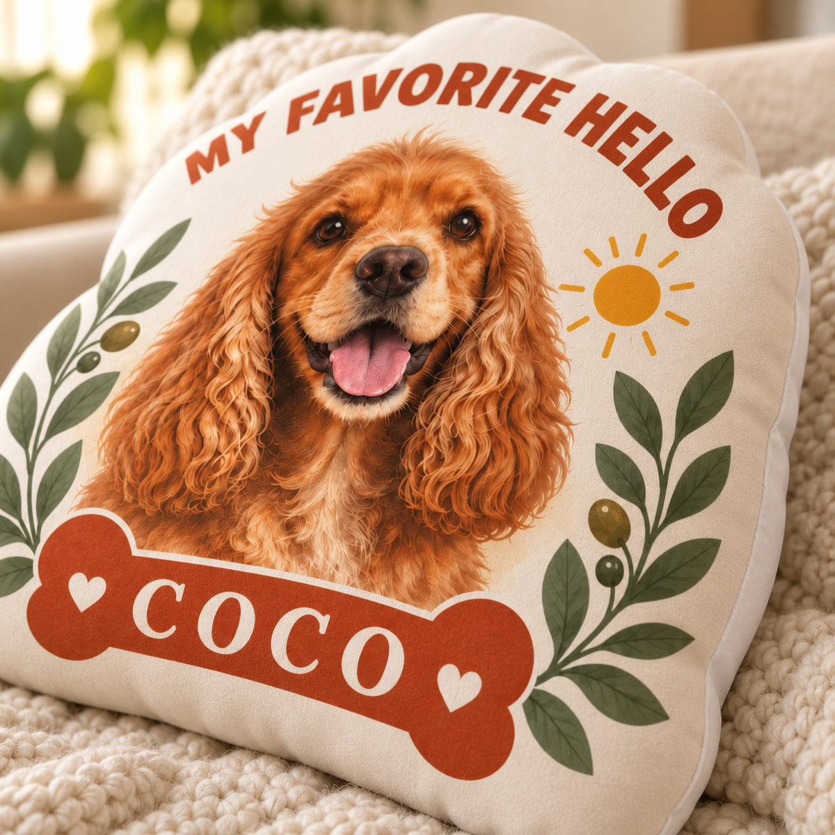 My Favorite Hello — Personalized Pet Shaped Pillow — close-up of printed design and soft cushion edge