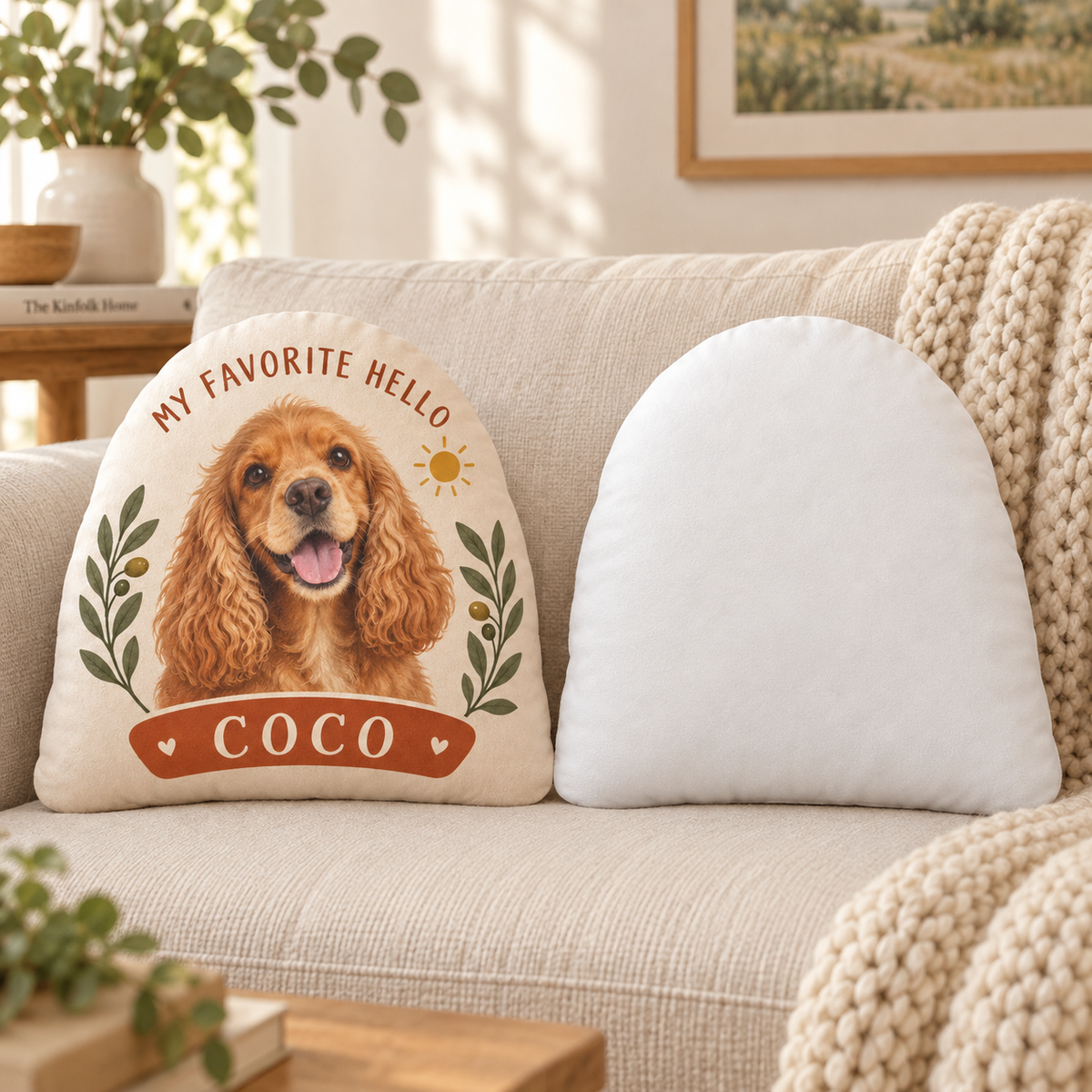 My Favorite Hello — Personalized Pet Shaped Pillow — front design example and plain white reverse; two views of one pillow