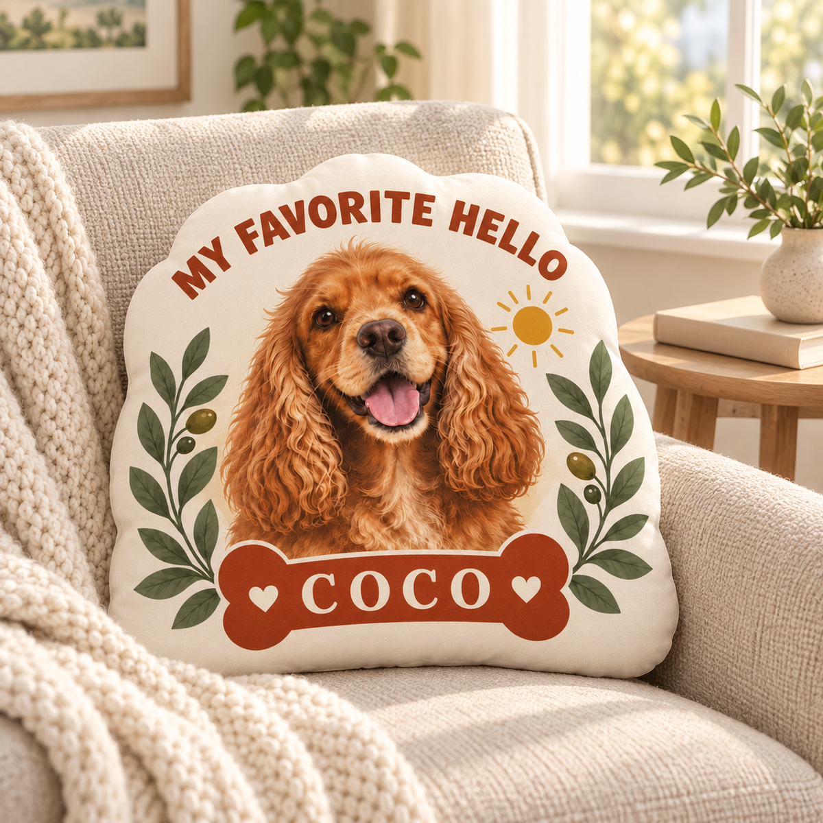 My Favorite Hello — Personalized Pet Shaped Pillow — personalized pillow in a cozy reading nook