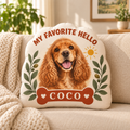 My Favorite Hello — Personalized Pet Shaped Pillow — supplied front design example