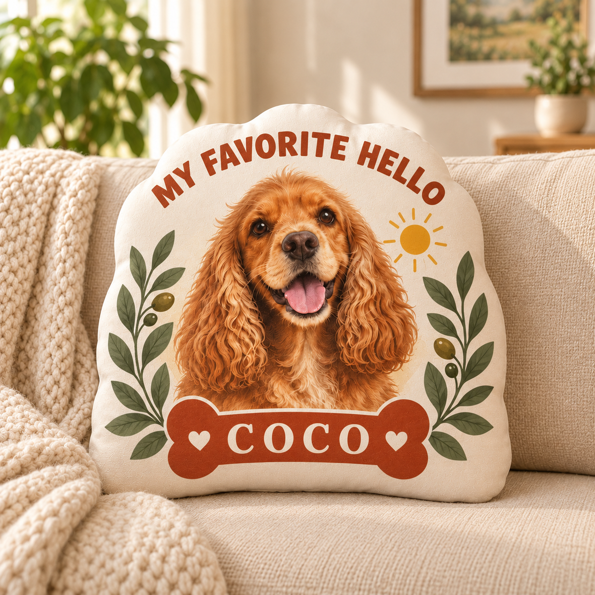 My Favorite Hello — Personalized Pet Shaped Pillow — supplied front design example