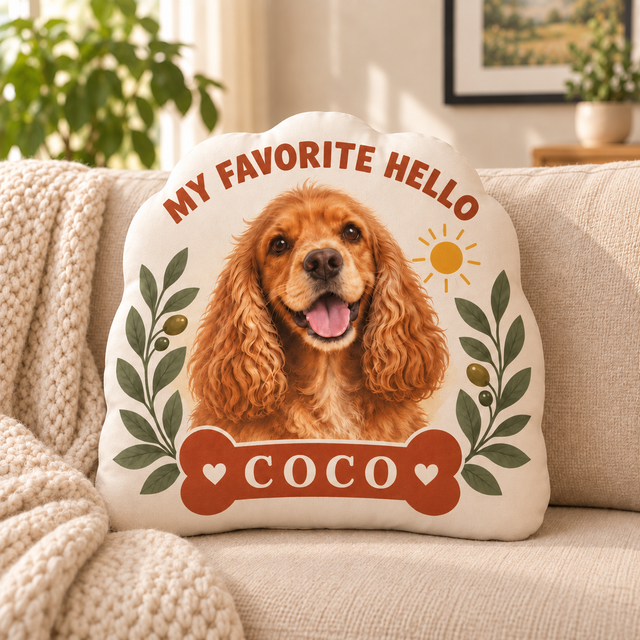 My Favorite Hello — Personalized Pet Shaped Pillow — supplied front design example