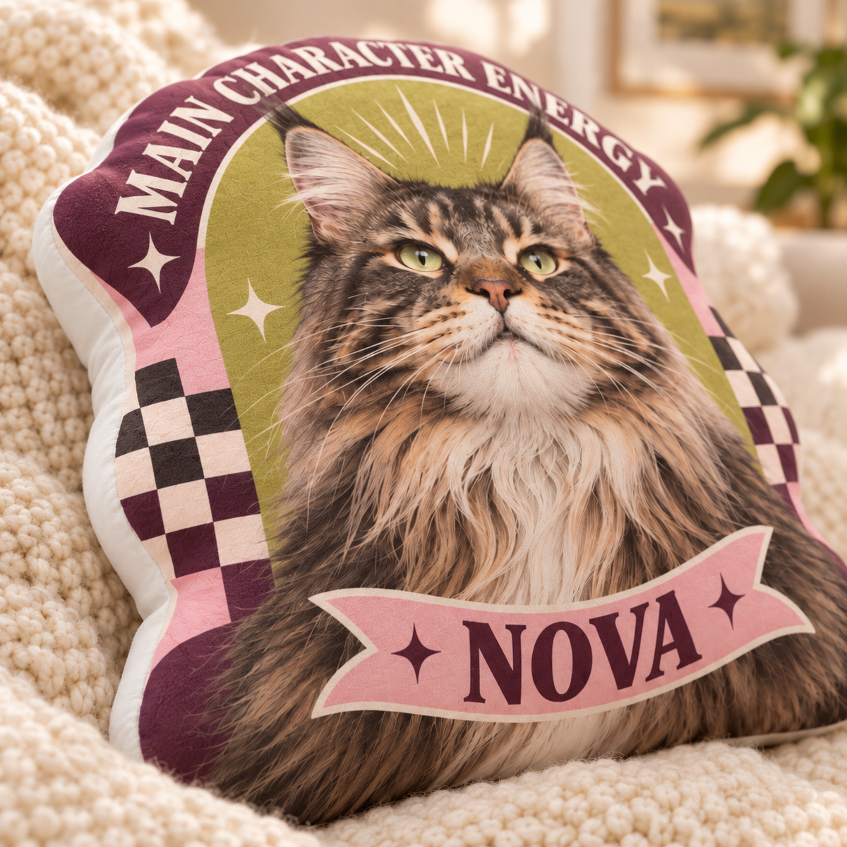 Main Character Energy — Personalized Pet Shaped Pillow — close-up of printed design and soft cushion edge