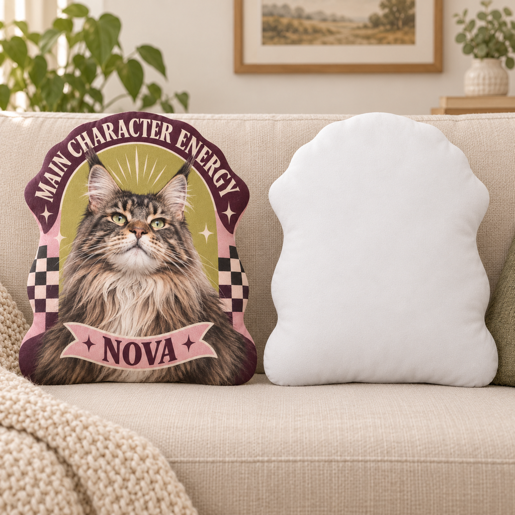 Main Character Energy — Personalized Pet Shaped Pillow — front design example and plain white reverse; two views of one pillow