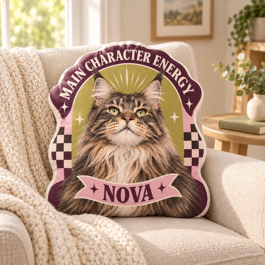 Main Character Energy — Personalized Pet Shaped Pillow — personalized pillow in a cozy reading nook