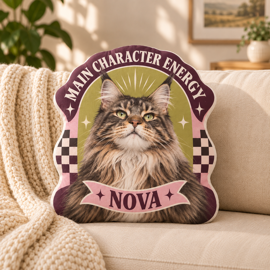 Main Character Energy — Personalized Pet Shaped Pillow — supplied front design example