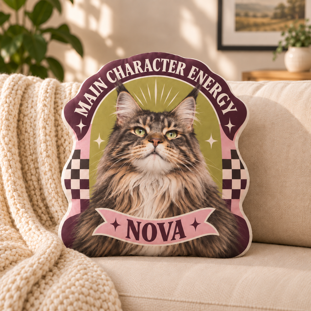 Main Character Energy — Personalized Pet Shaped Pillow — supplied front design example