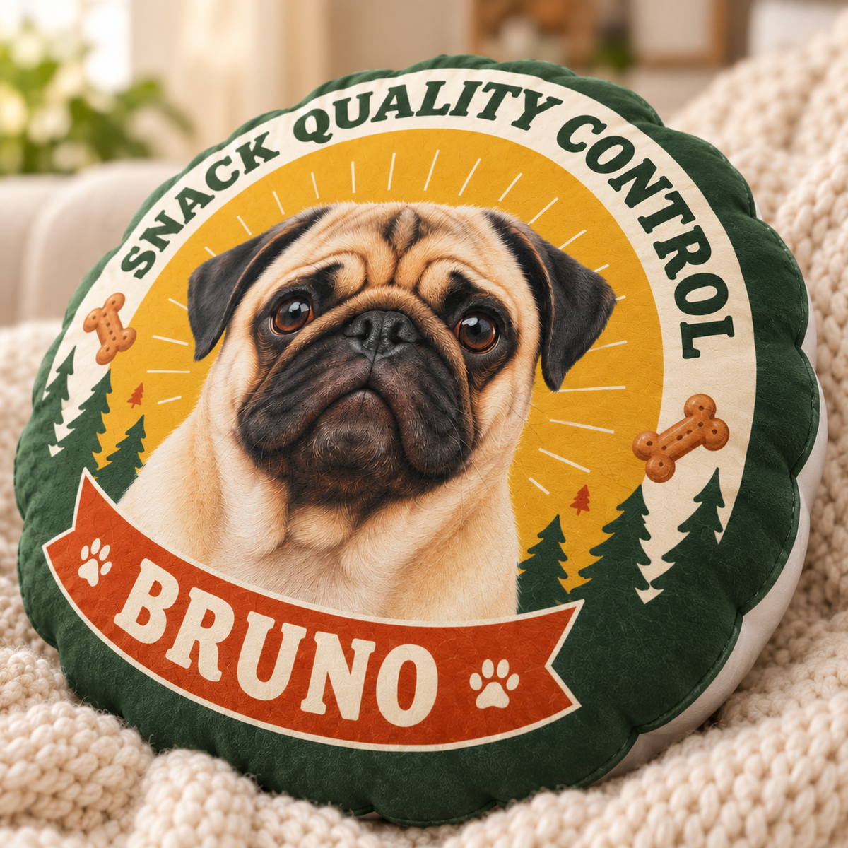 Snack Quality Control — Personalized Pet Shaped Pillow — close-up of printed design and soft cushion edge