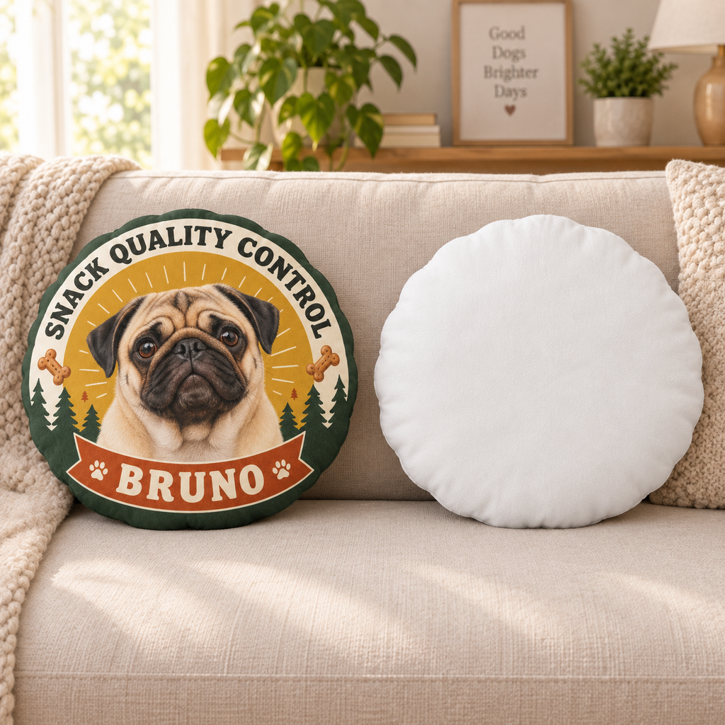 Snack Quality Control — Personalized Pet Shaped Pillow — front design example and plain white reverse; two views of one pillow