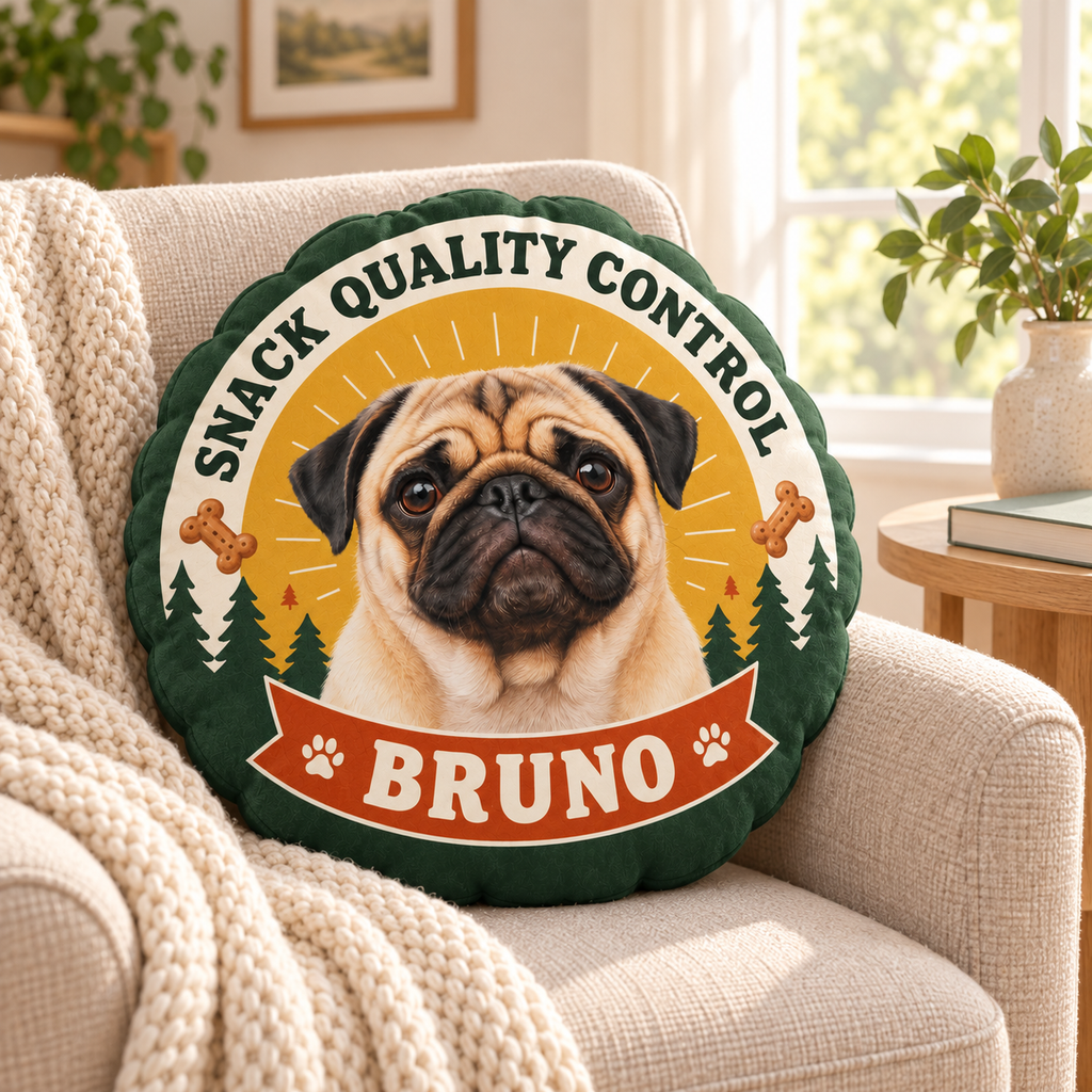Snack Quality Control — Personalized Pet Shaped Pillow — personalized pillow in a cozy reading nook
