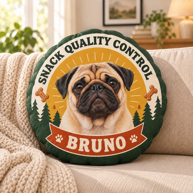 Snack Quality Control — Personalized Pet Shaped Pillow — supplied front design example