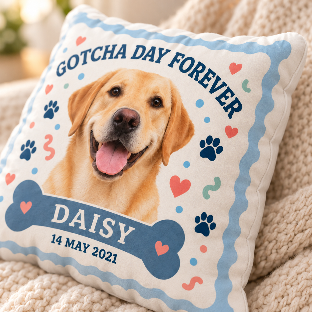 Gotcha Day Forever — Personalized Pet Shaped Pillow — close-up of printed design and soft cushion edge